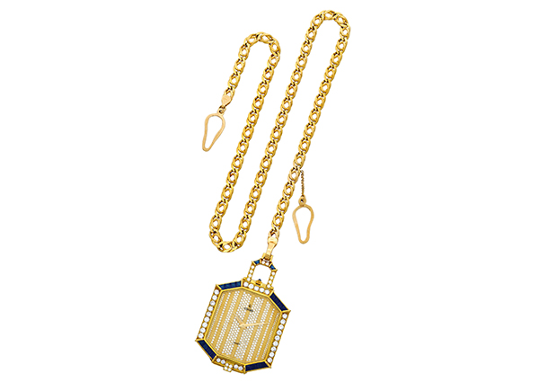 Rare sapphire, diamond and gold pocket watch/table clock, Concord (Estimate: $15,000-$20,000). 